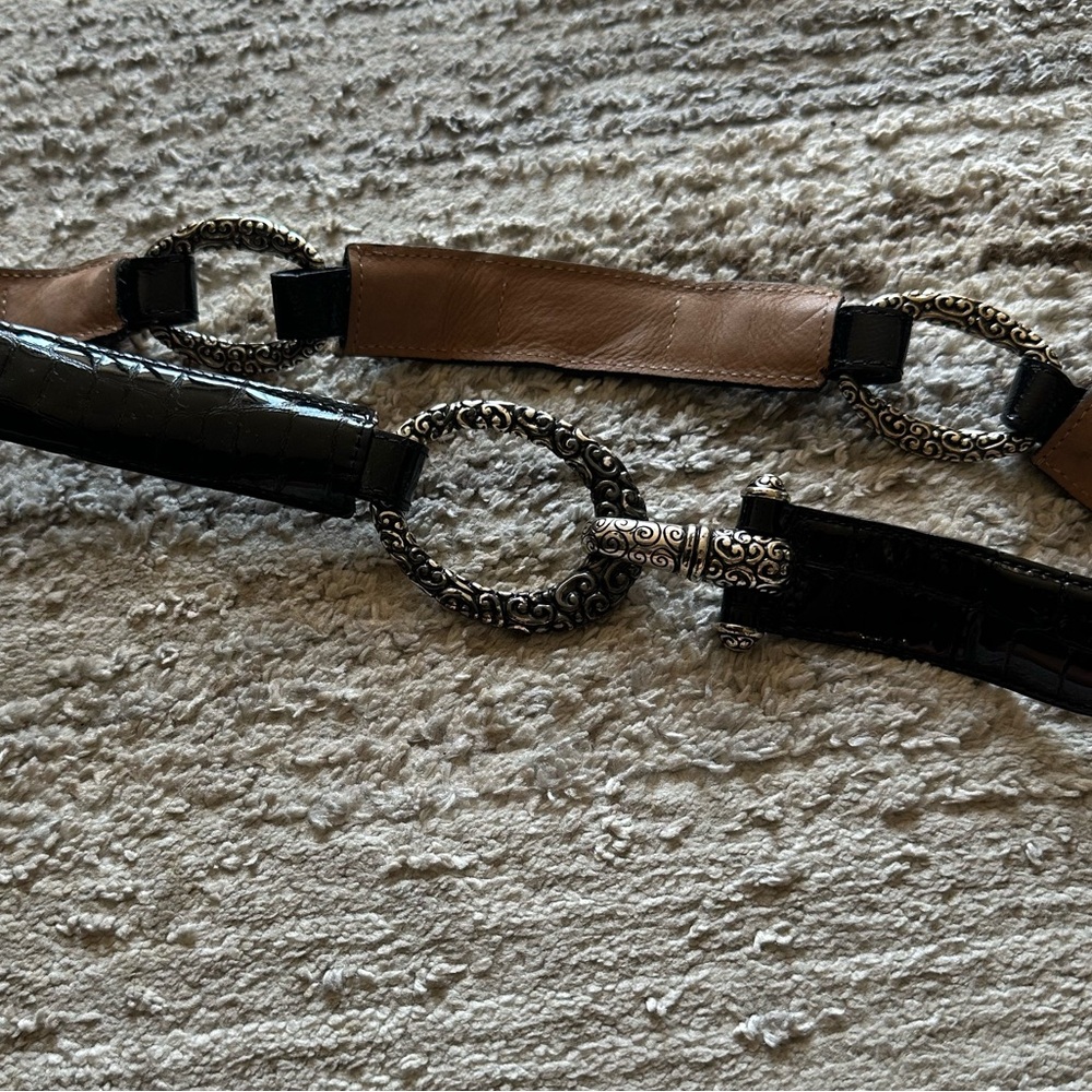 Elegant Black and Tan Belt with Silver Accents